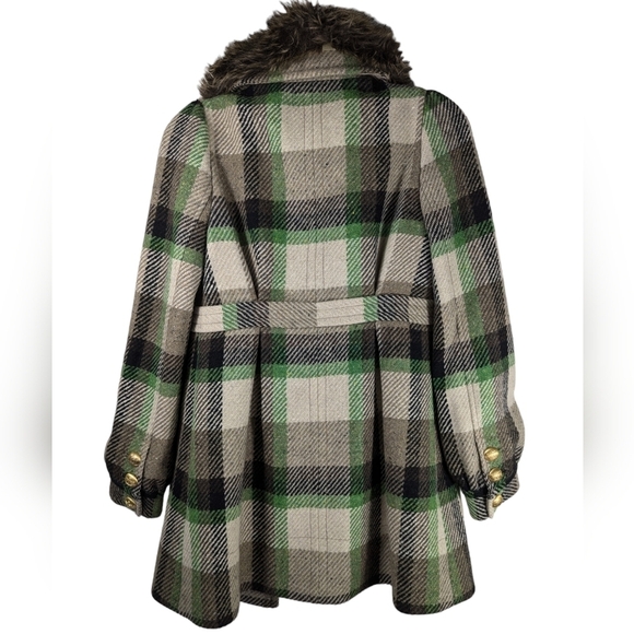 Juicy Couture Y2K Wool Plaid Coat with Faux Fur Collar Belted Gold Buttons Sz P - Picture 4 of 16